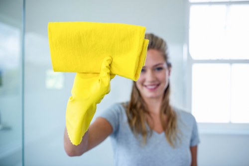 Disinfecting desks and workstations in a Greenwich office